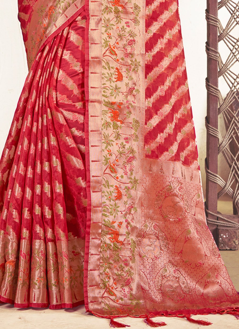 Trendy Saree Organza Red Fancy Work Saree