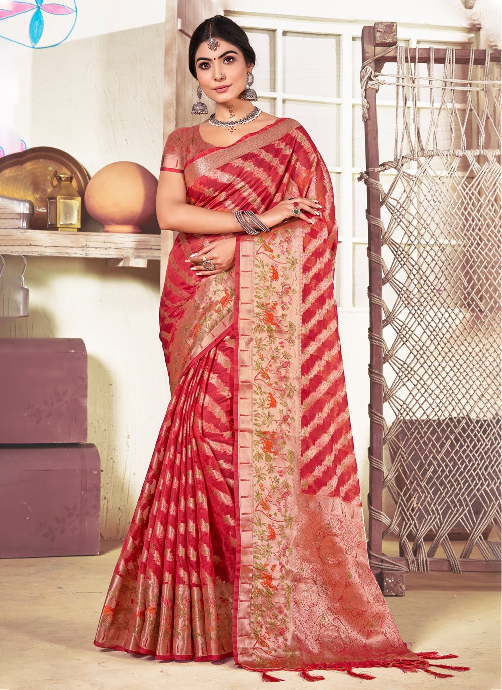 Trendy Saree Organza Red Fancy Work Saree