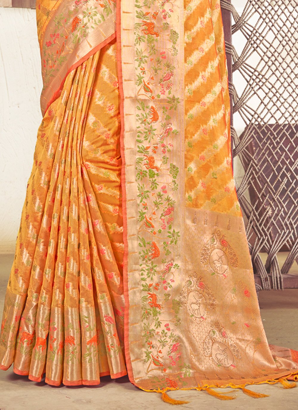 Trendy Saree Organza Yellow Fancy Work Saree