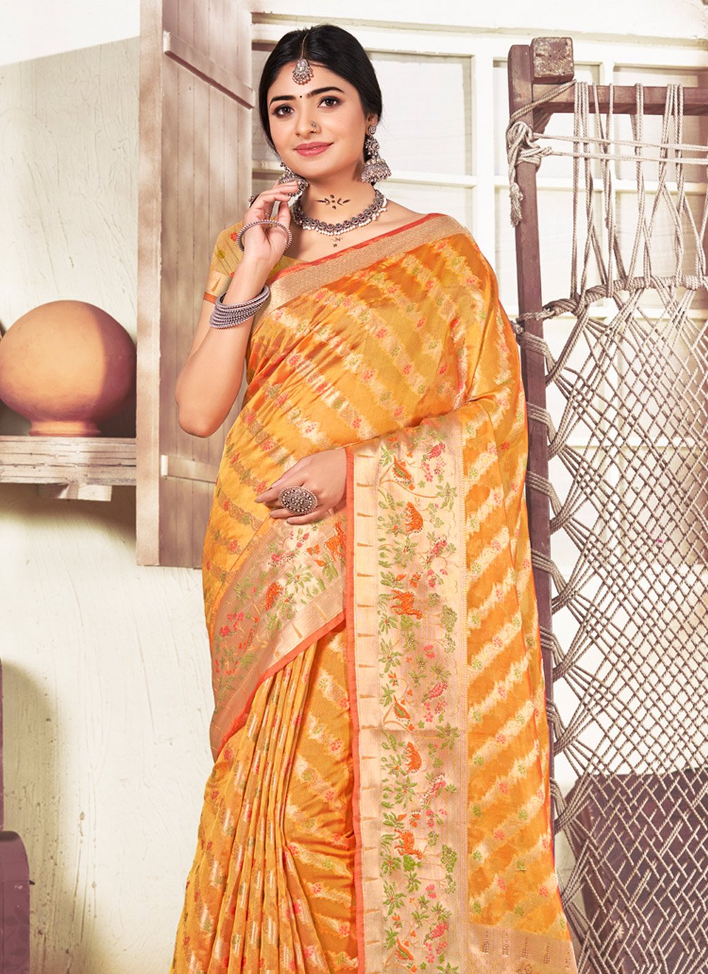 Trendy Saree Organza Yellow Fancy Work Saree