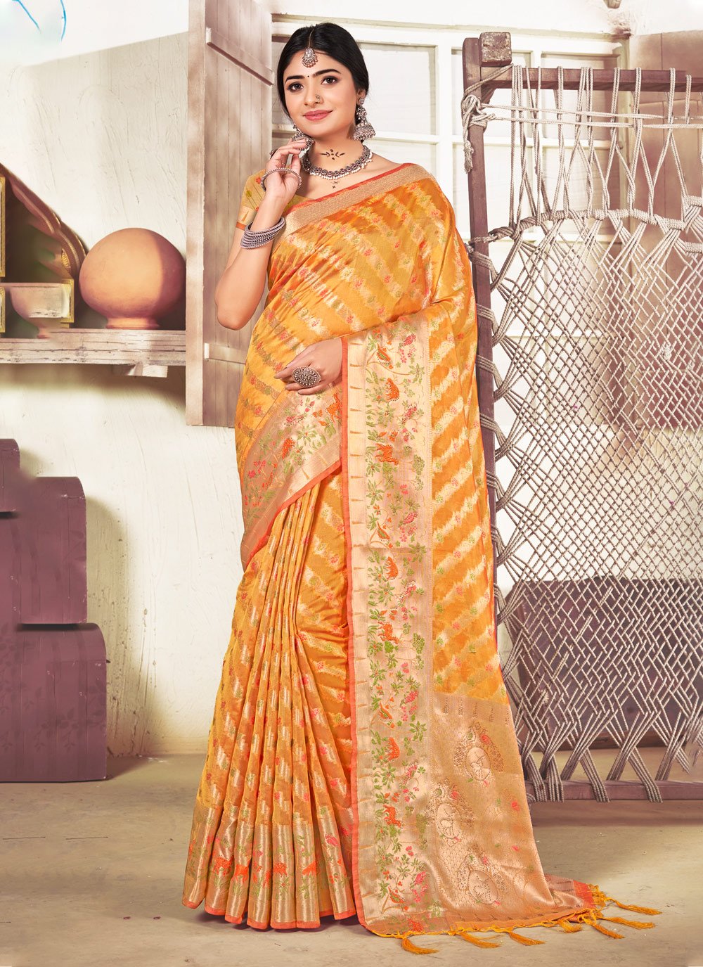 Trendy Saree Organza Yellow Fancy Work Saree