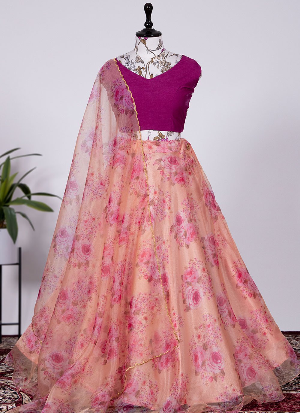 Lehenga Choli Organza Peach Floral Patch Lehenga Choli