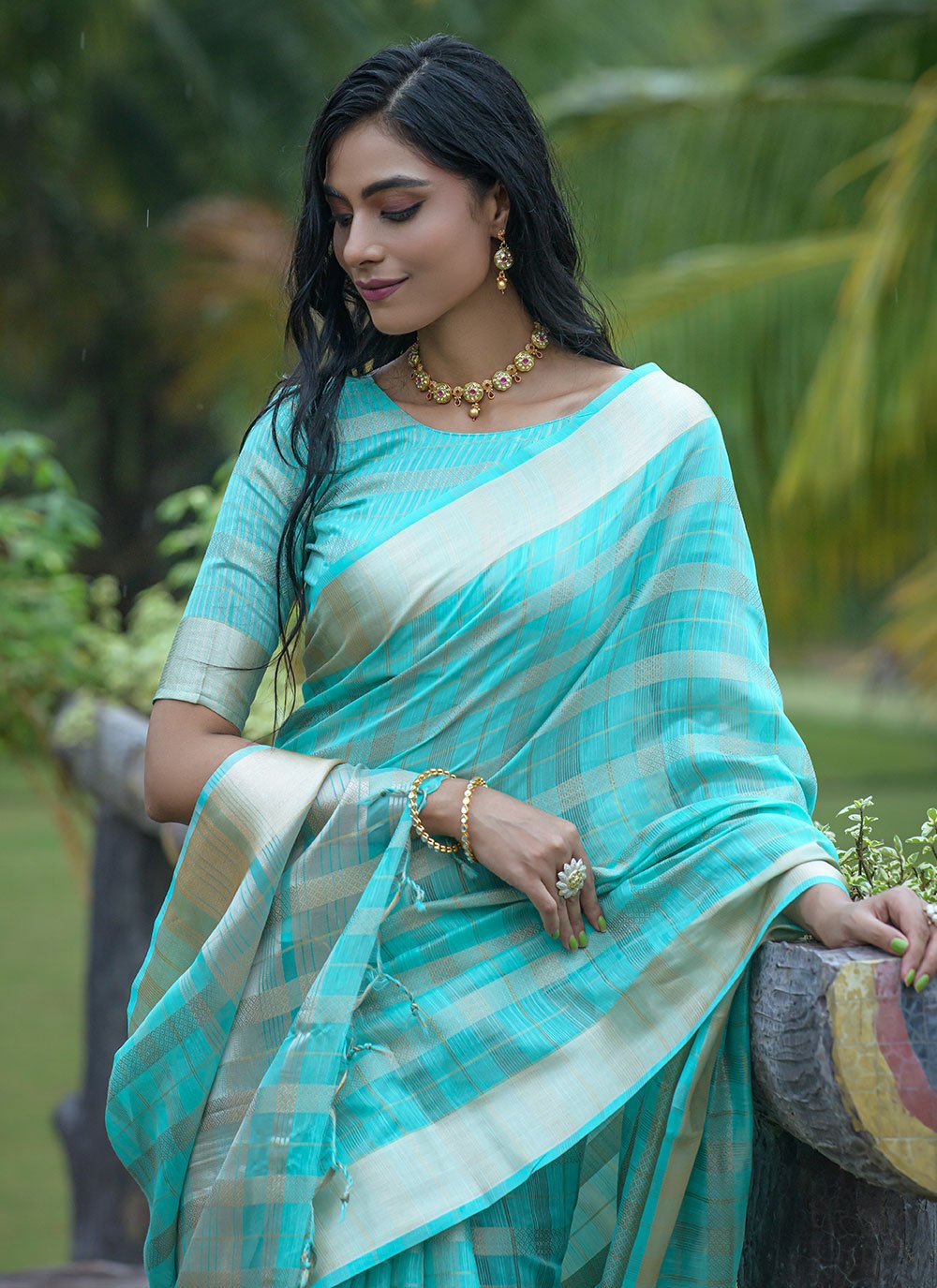 Classic Organza Silk Firozi Strips Print Saree