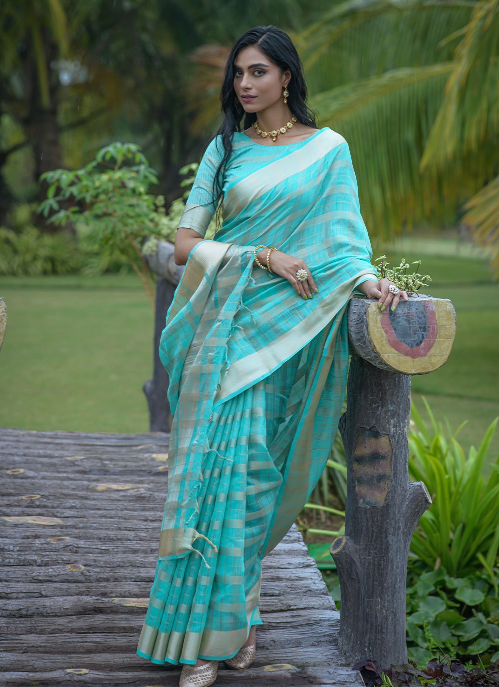 Classic Organza Silk Firozi Strips Print Saree