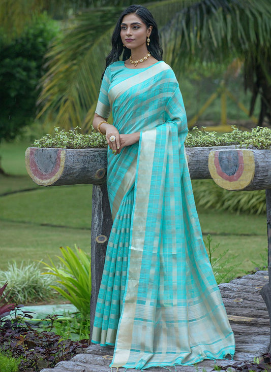 Classic Organza Silk Firozi Strips Print Saree