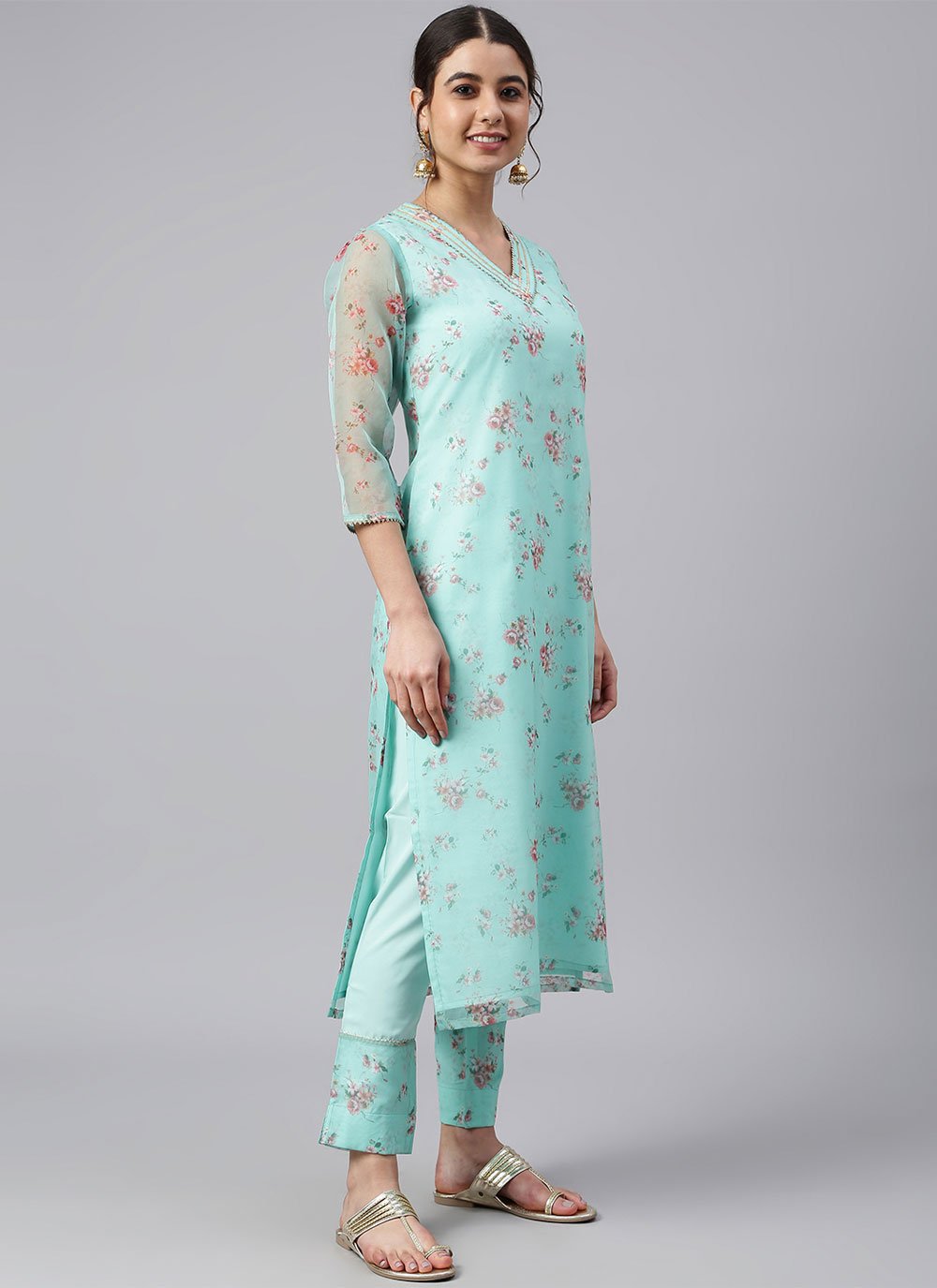 Pant Style Suit Organza Aqua Blue Floral Patch Salwar Kameez