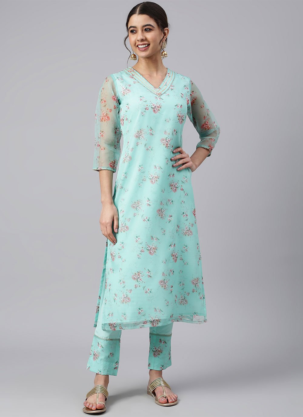 Pant Style Suit Organza Aqua Blue Floral Patch Salwar Kameez