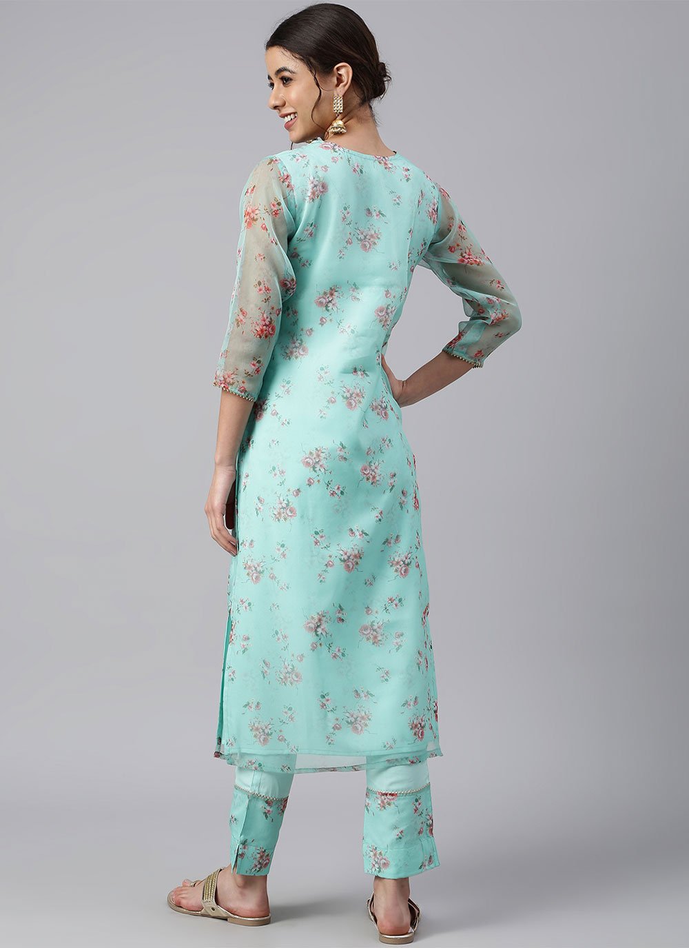 Pant Style Suit Organza Aqua Blue Floral Patch Salwar Kameez