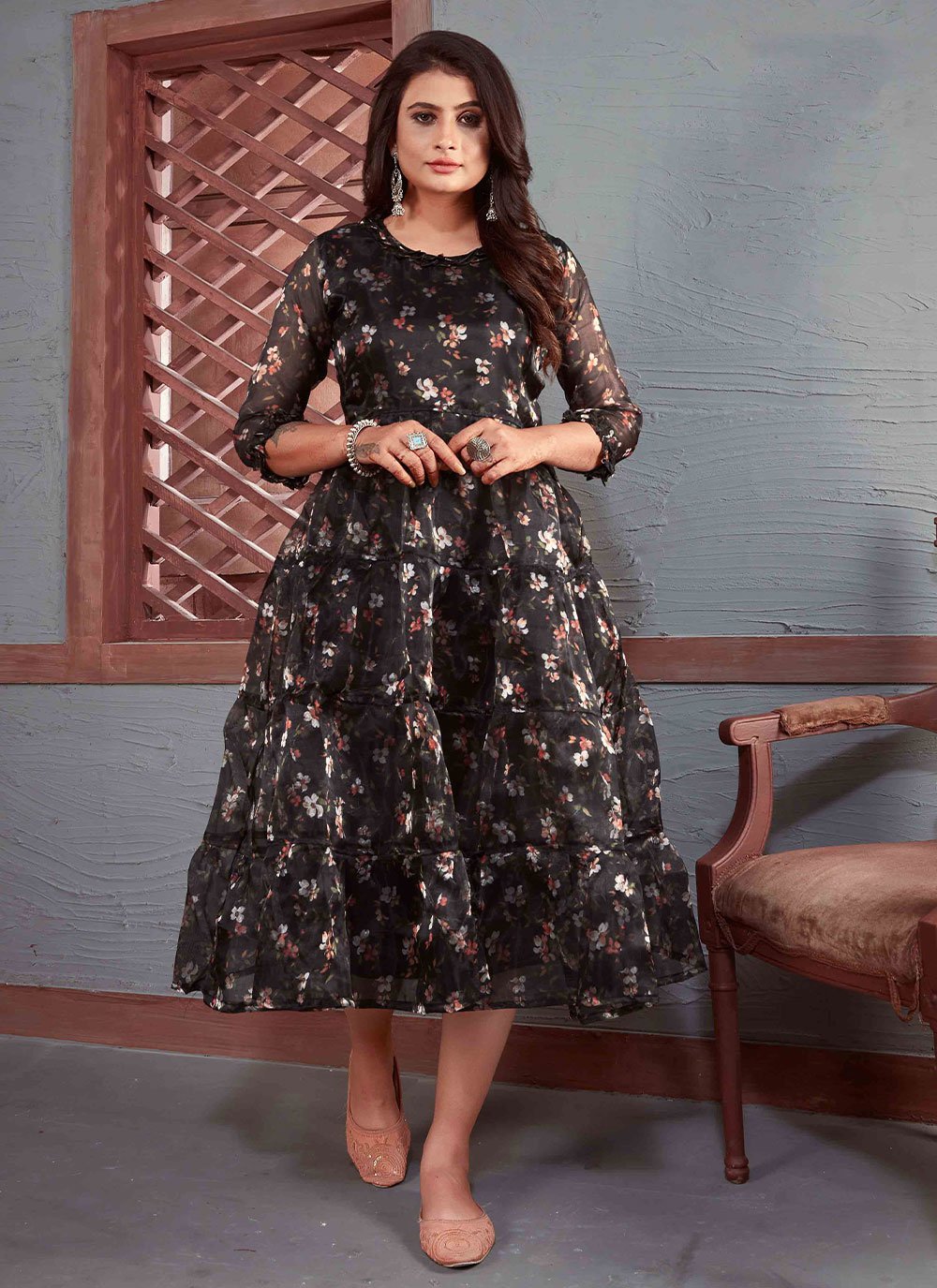 Designer Kurti Organza Black Floral Patch Kurtis