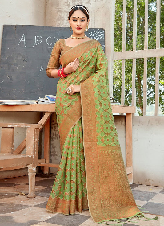 Designer Organza Green Embroidered Saree