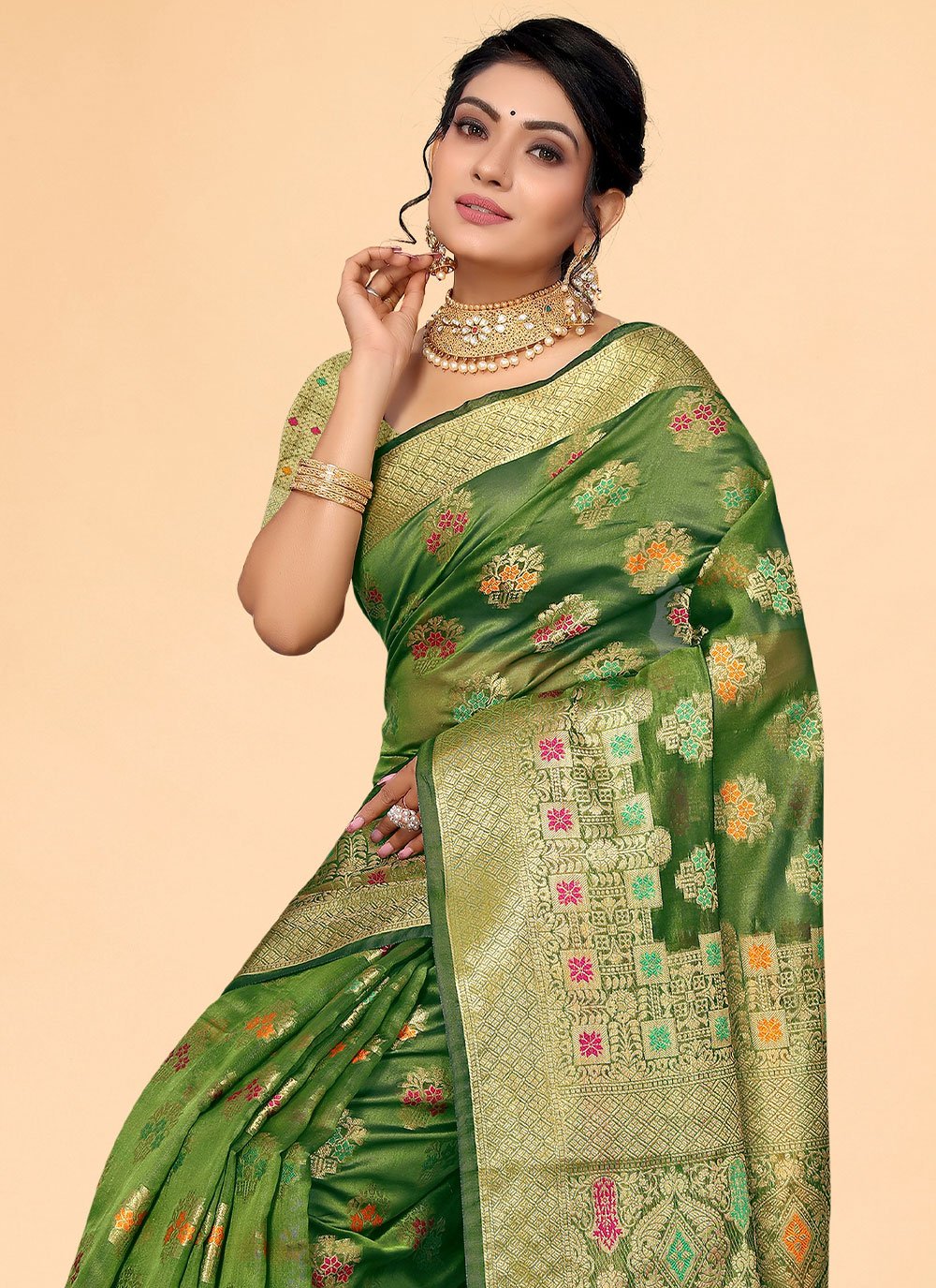 Classic Organza Green Patch Border Saree