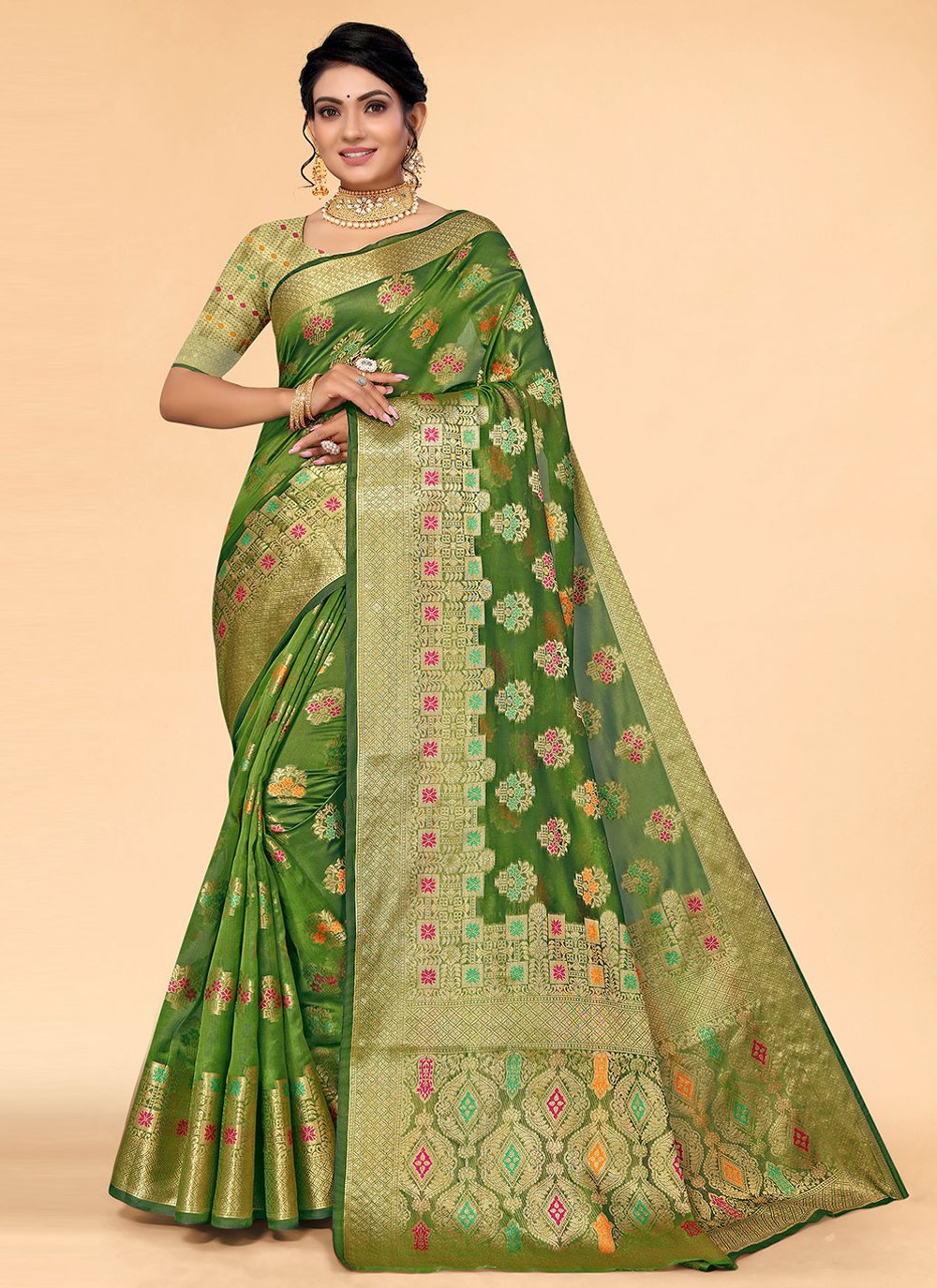 Classic Organza Green Patch Border Saree