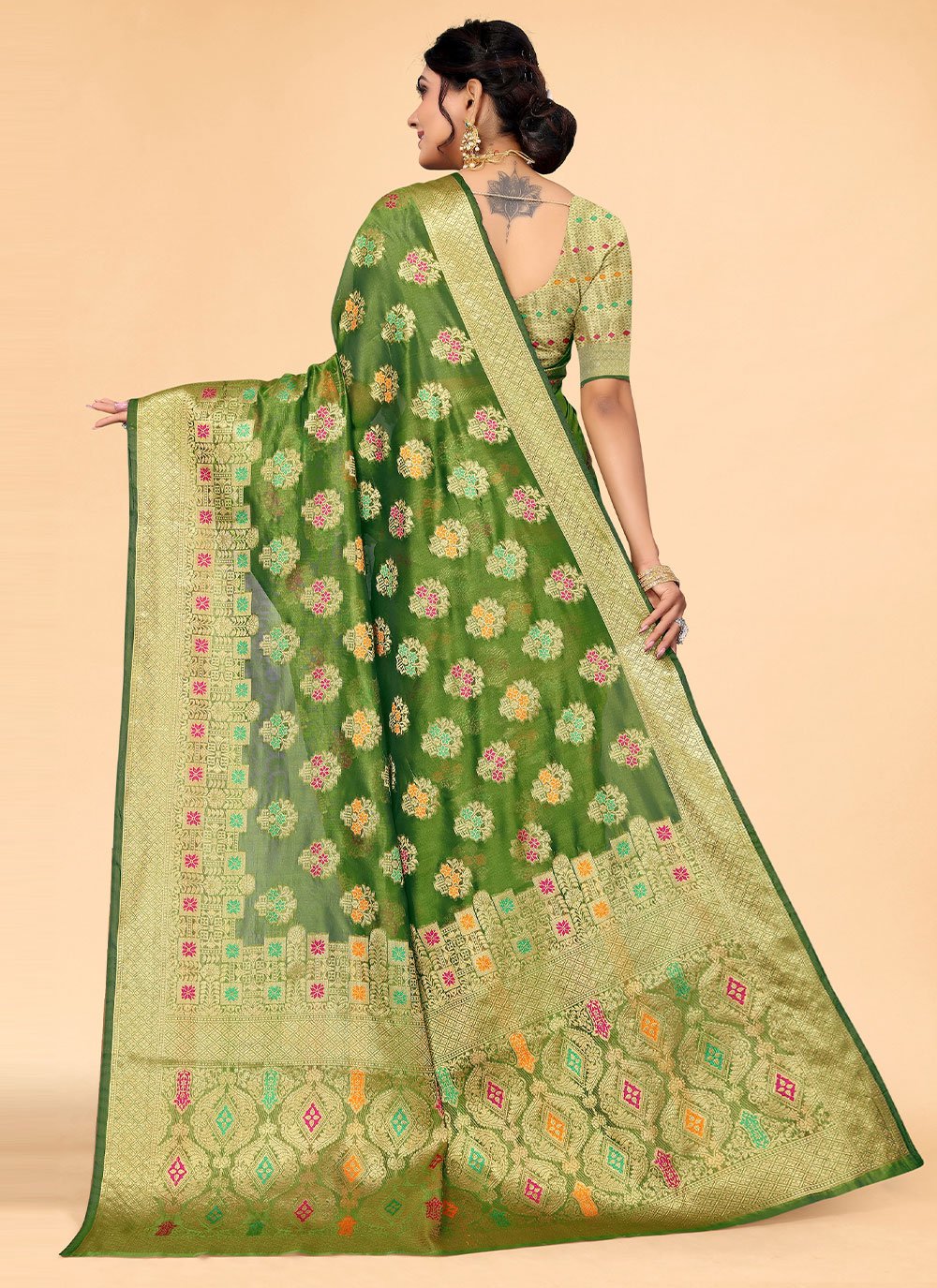 Classic Organza Green Patch Border Saree