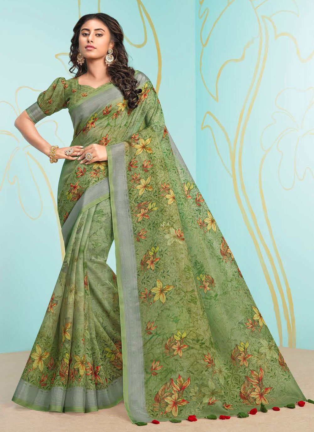 Classic Organza Green Digital Print Saree