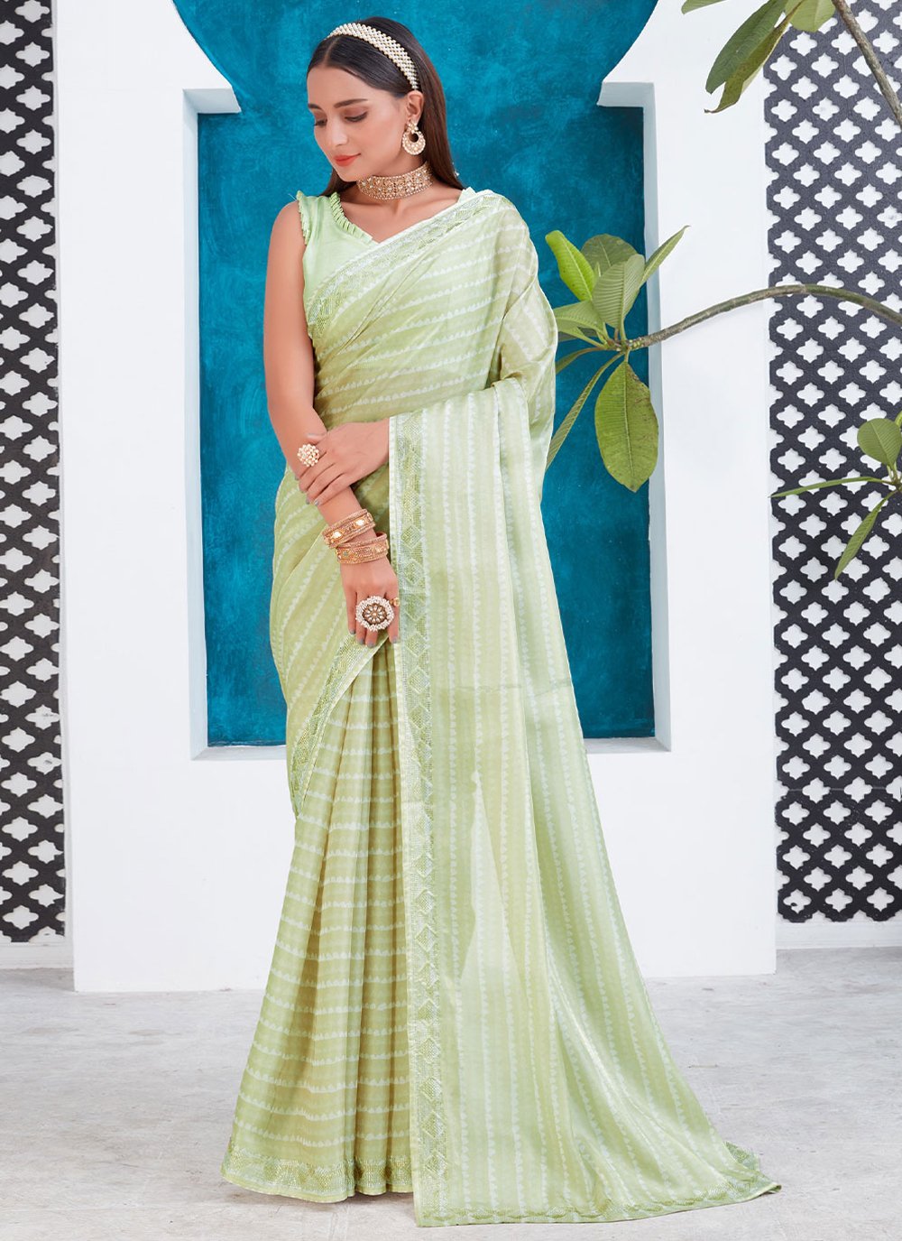 Designer Organza Green Digital Print Saree