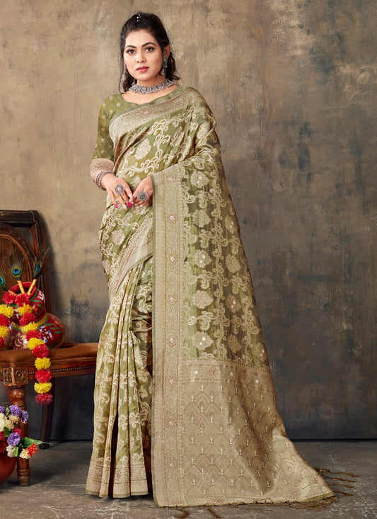 Designer Organza Green Embroidered Saree