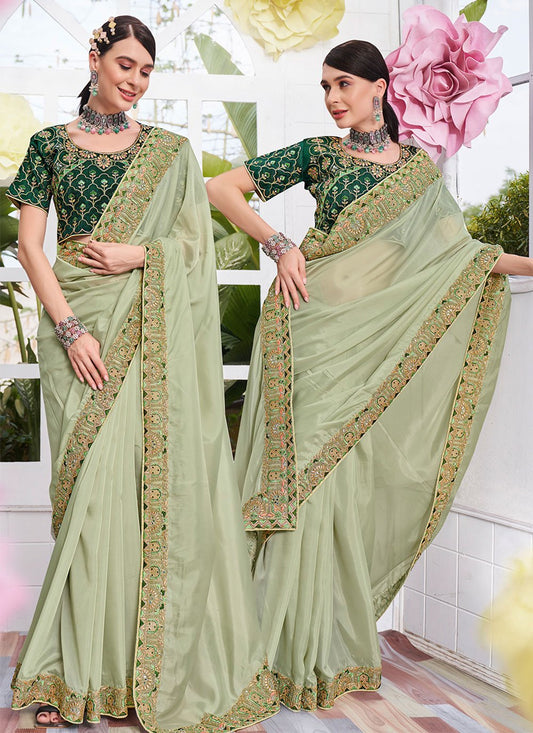 Classic Organza Satin Green Embroidered Saree