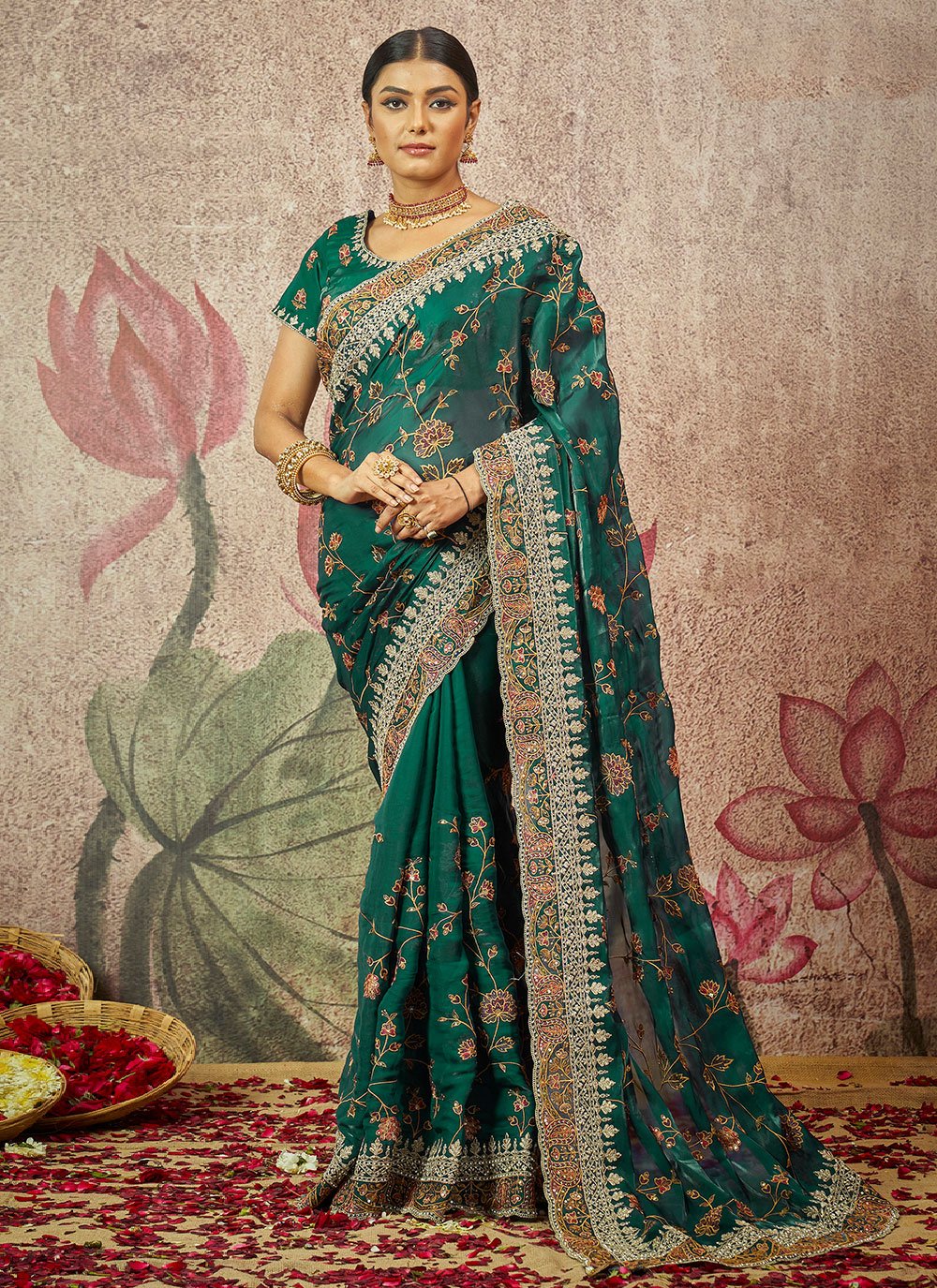 Classic Organza Silk Green Embroidered Saree