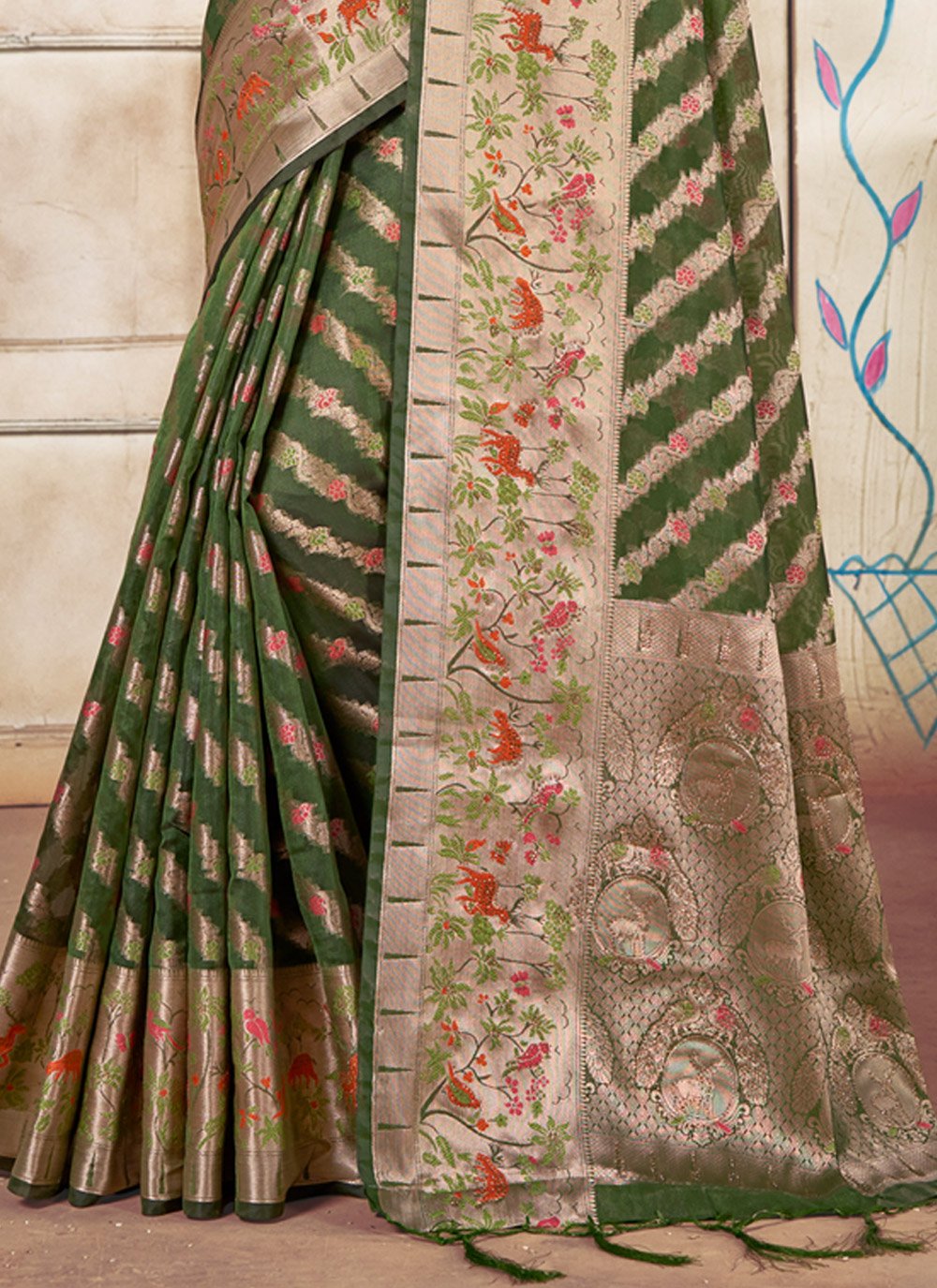 Trendy Saree Organza Green Fancy Work Saree