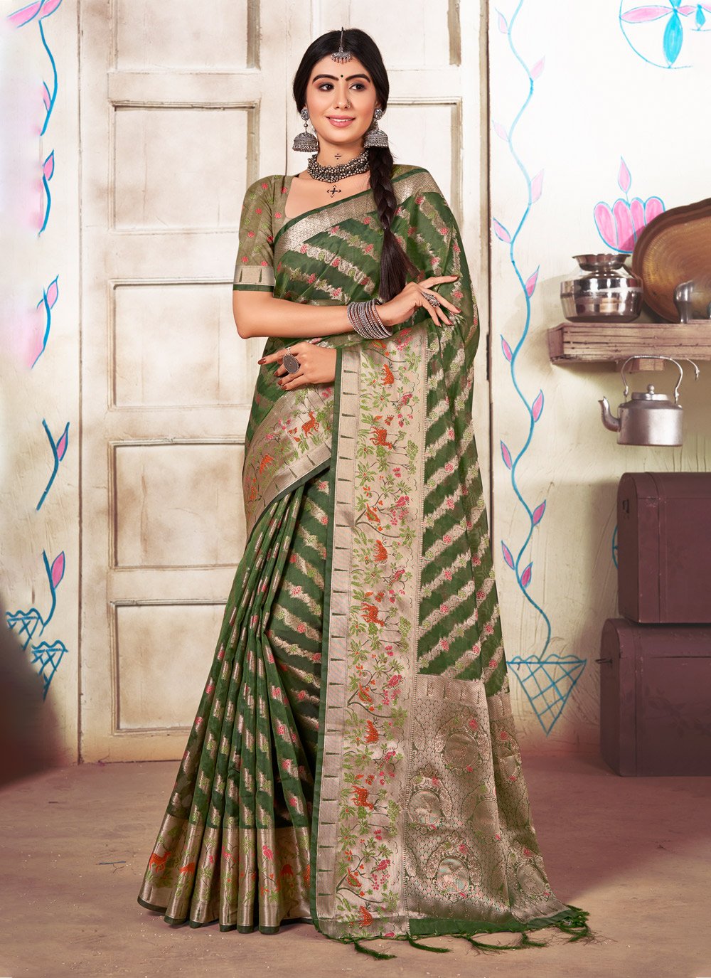 Trendy Saree Organza Green Fancy Work Saree