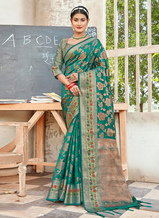 Traditional Saree Organza Green Embroidered Saree