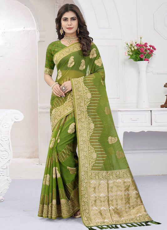 Trendy Saree Organza Viscose Green Booti Saree