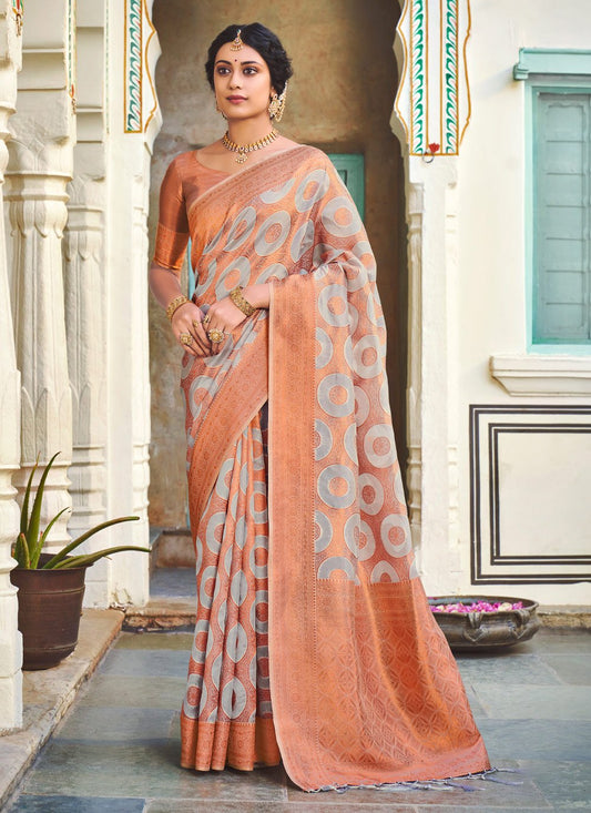 Designer Organza Grey Orange Fancy Work Saree