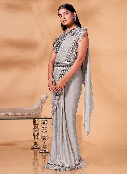 Trendy Saree Organza Shimmer Grey Patch Border Saree