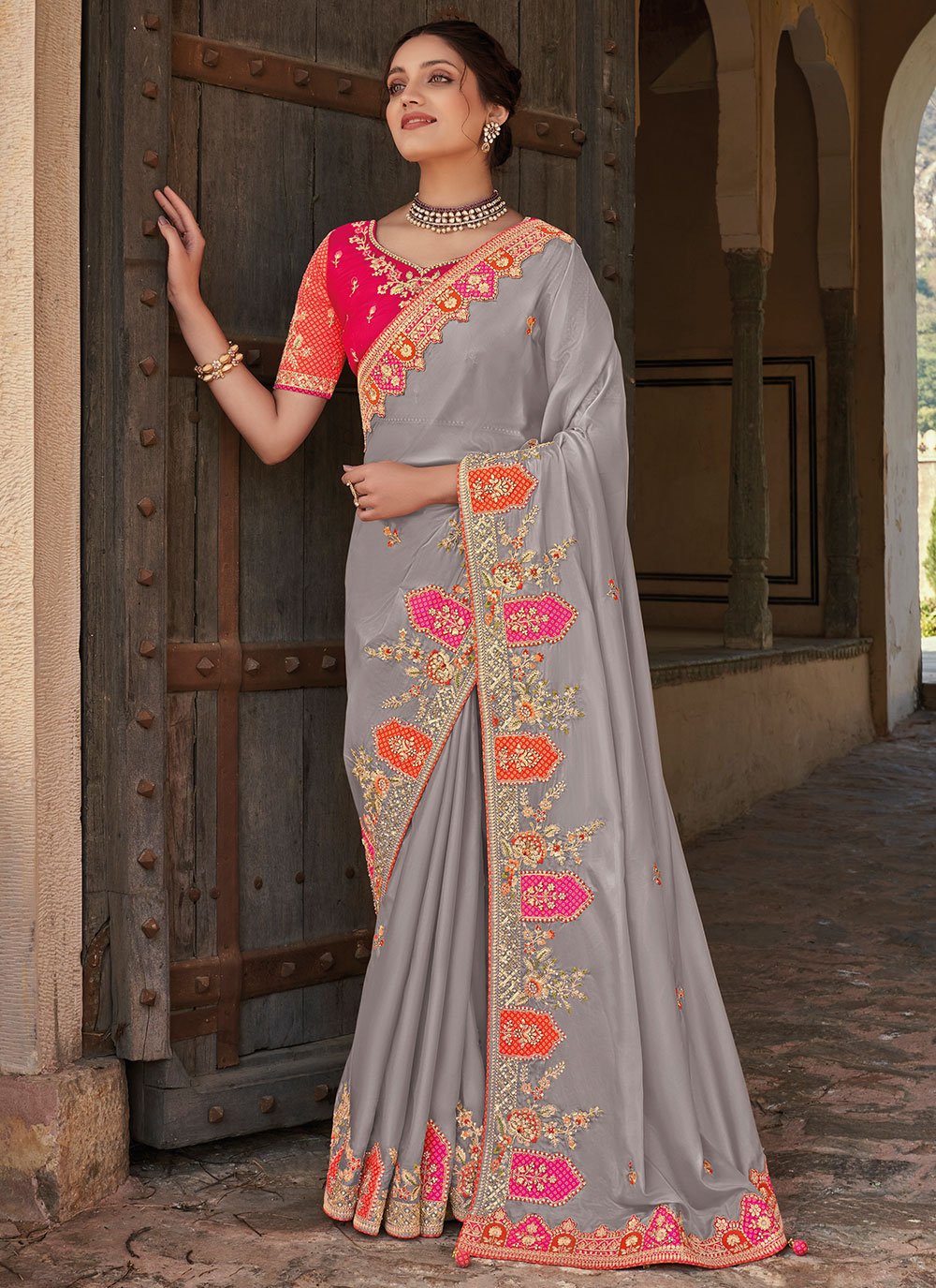 Classic Organza Tissue Grey Embroidered Saree