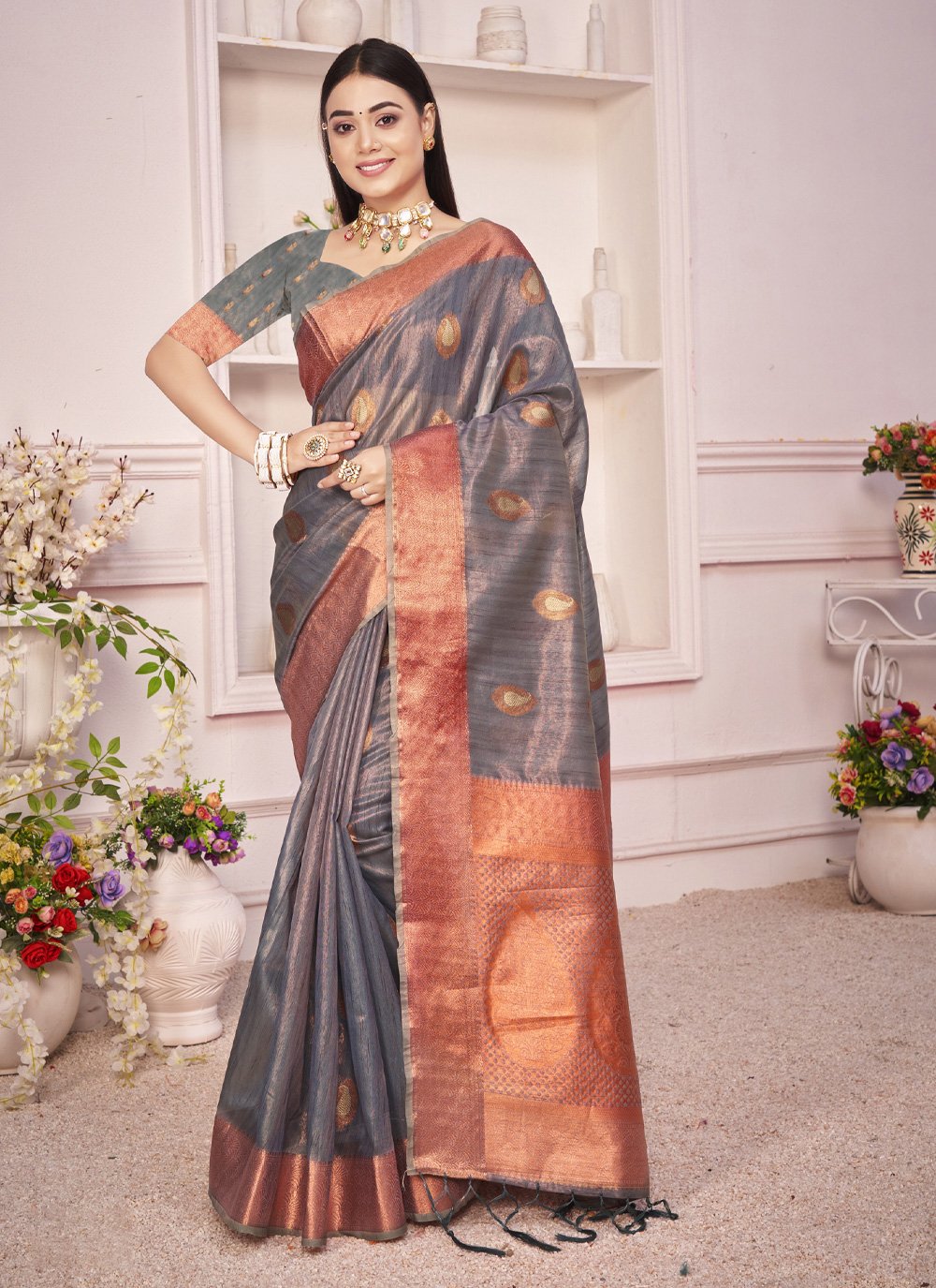 Designer Organza Grey Thread Saree