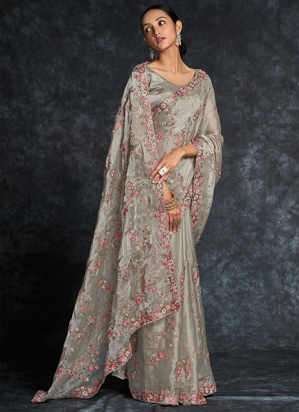 Traditional Saree Organza Grey Embroidered Saree