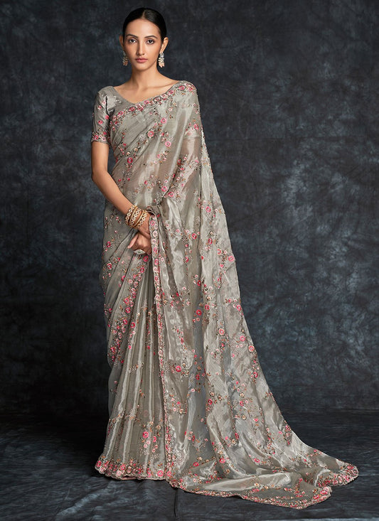 Traditional Saree Organza Grey Embroidered Saree