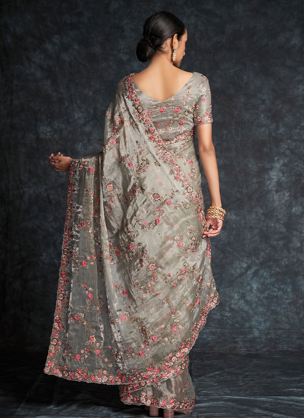 Traditional Saree Organza Grey Embroidered Saree