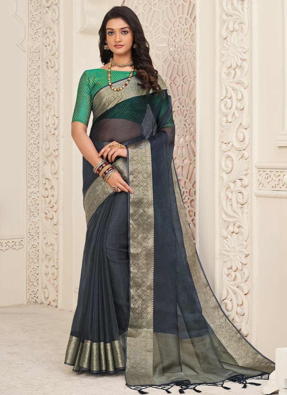 Trendy Saree Organza Grey Patch Border Saree