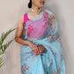 Trendy Saree Organza Aqua Blue Digital Print Saree