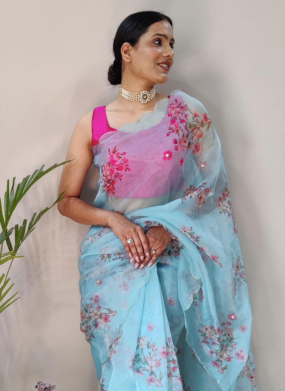 Trendy Saree Organza Aqua Blue Digital Print Saree