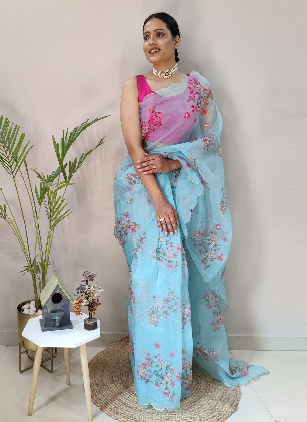 Trendy Saree Organza Aqua Blue Digital Print Saree