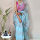Trendy Saree Organza Aqua Blue Digital Print Saree