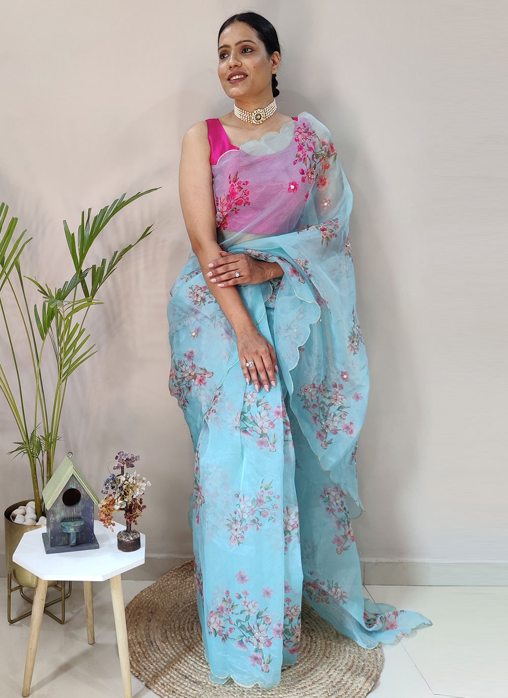 Trendy Saree Organza Aqua Blue Digital Print Saree