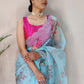 Trendy Saree Organza Aqua Blue Digital Print Saree