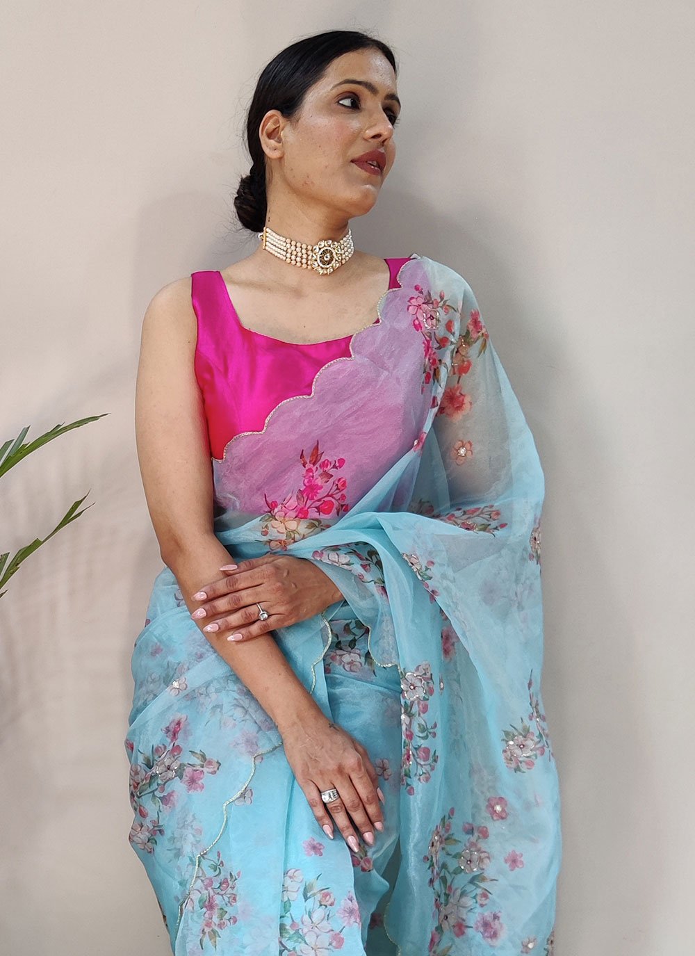 Trendy Saree Organza Aqua Blue Digital Print Saree