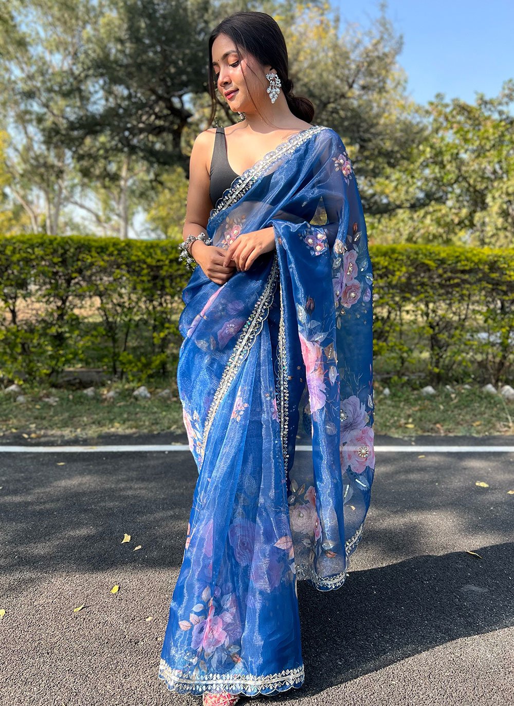 Contemporary Organza Aqua Blue Hand Work Saree