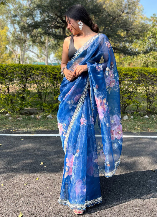 Contemporary Organza Aqua Blue Hand Work Saree