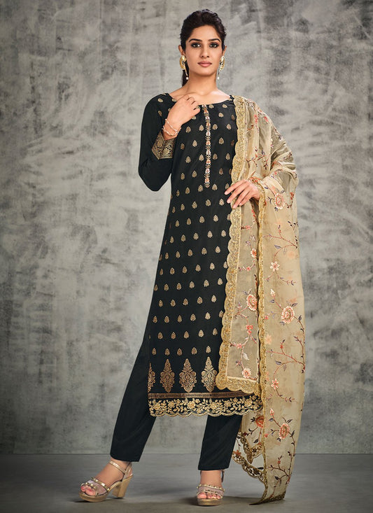 Straight Salwar Suit Organza Silk Grey Hand Work Salwar Kameez