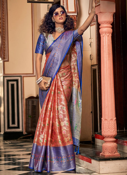 Traditional Saree Organza Orange Jacquard Work Saree