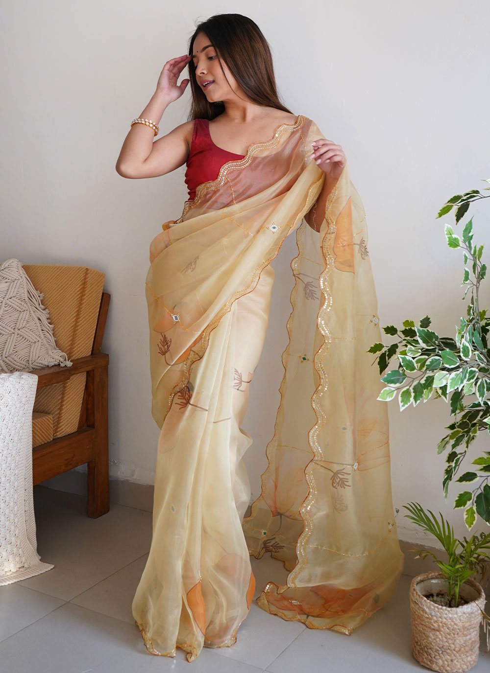 Designer Organza Beige Cut Work Saree