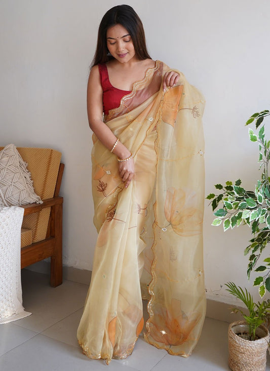 Designer Organza Beige Cut Work Saree