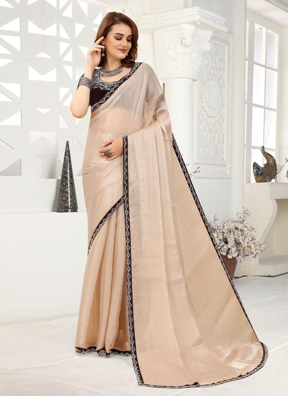 Classic Organza Brown Lace Saree