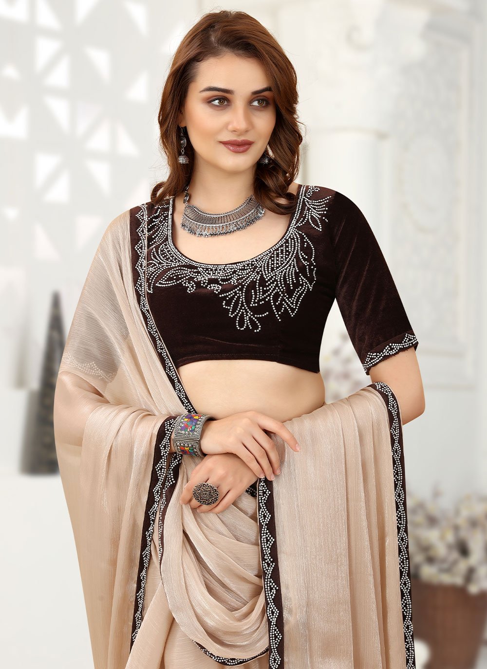 Classic Organza Brown Lace Saree