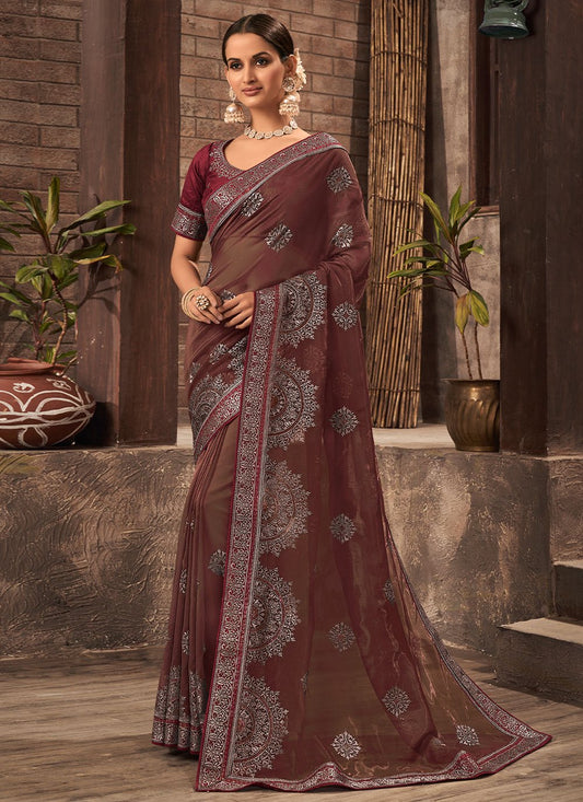 Designer Organza Brown Embroidered Saree